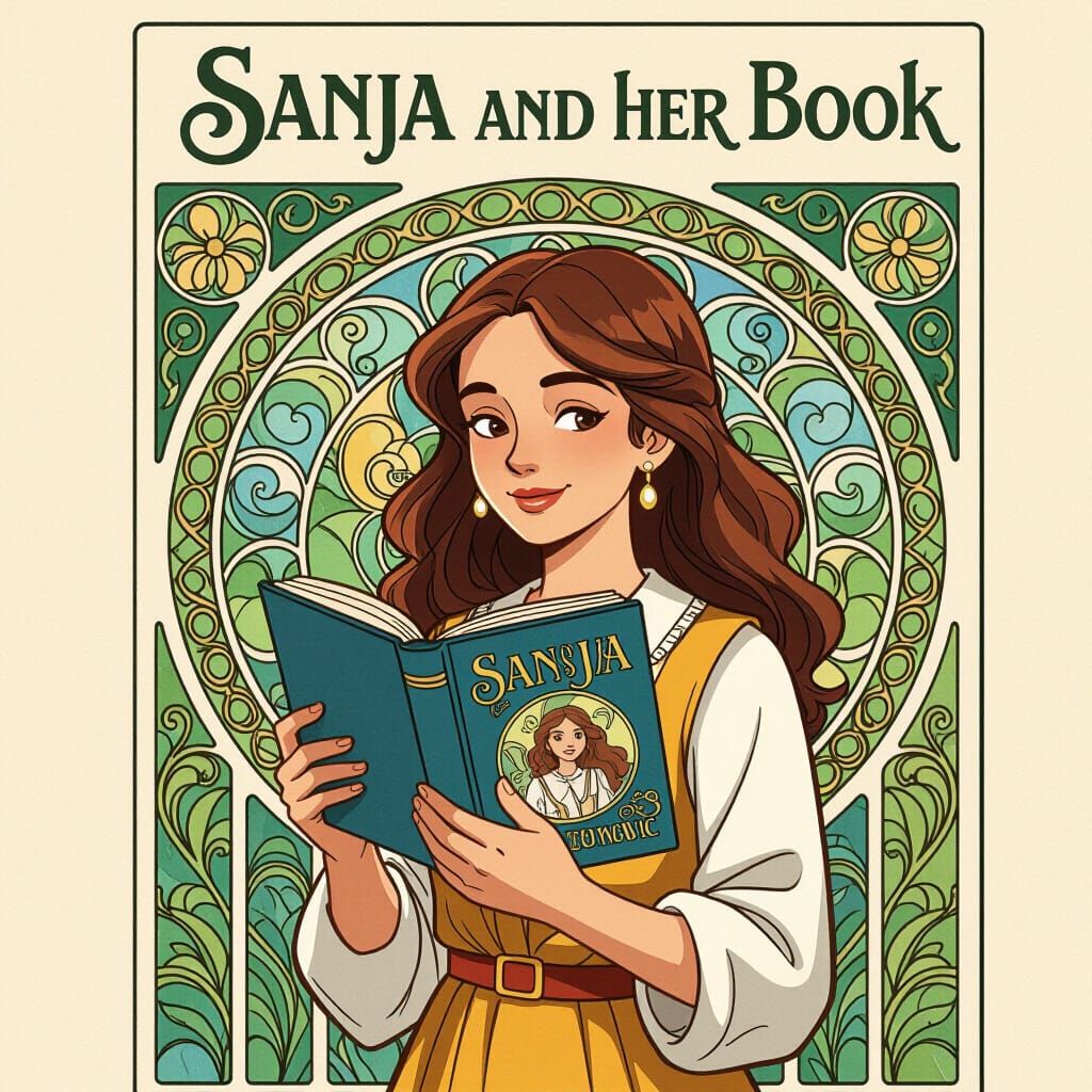 Art Nouveau Comic Book Character Holding Her Creation