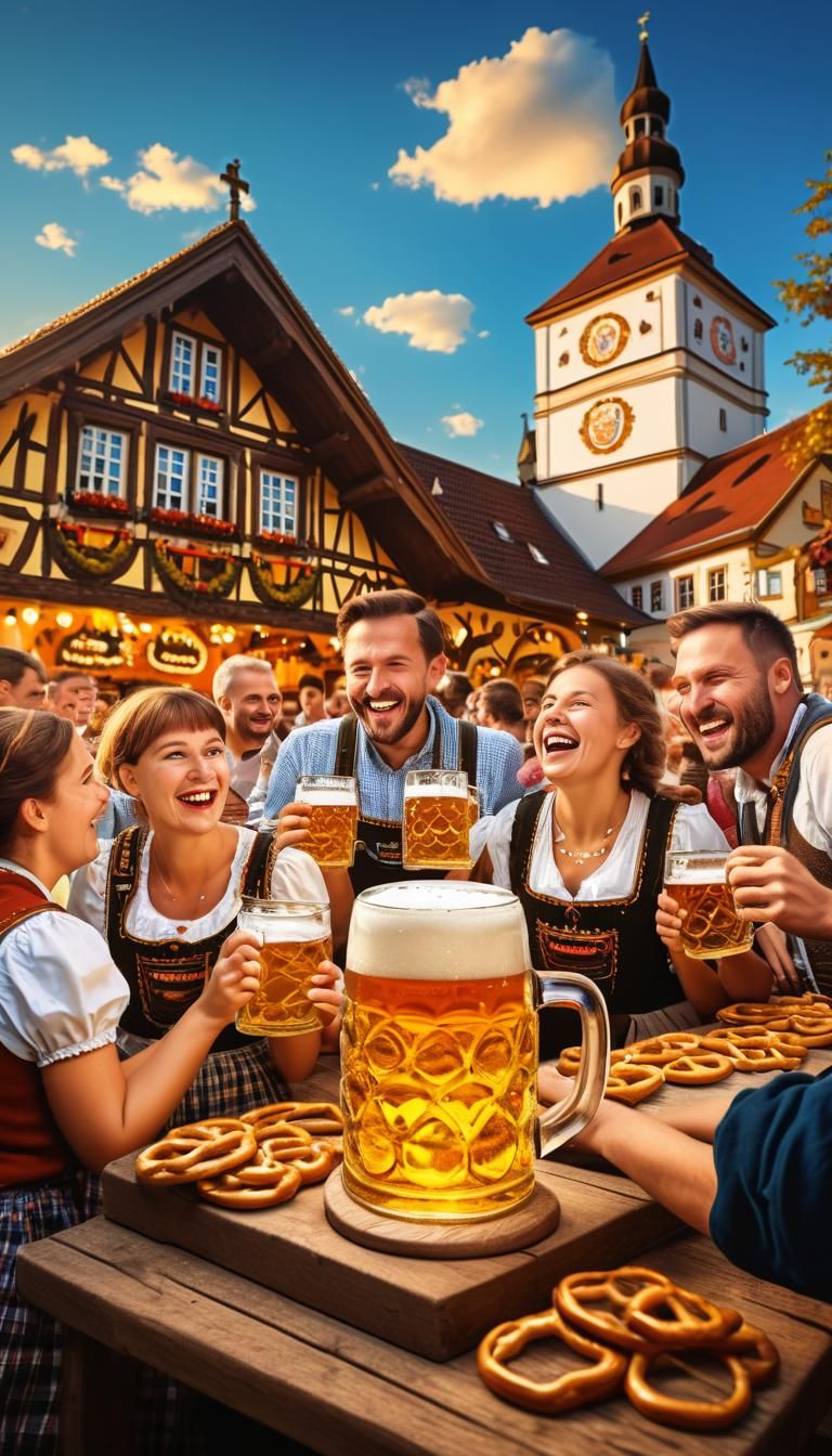 Digital print of an Oktoberfest poster with pretzel mugs of ...
