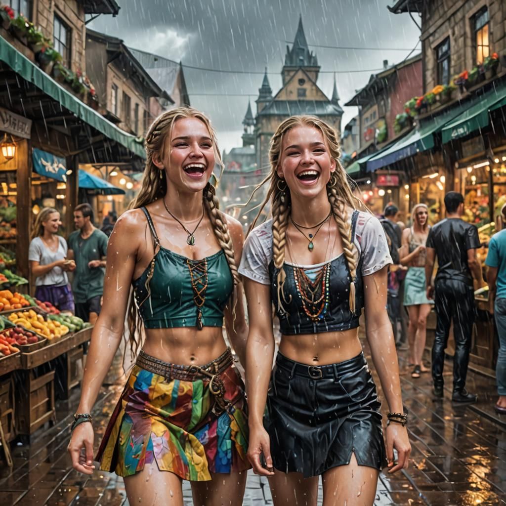 Blonde Twin Teens Laughing in Rainy Fantasy Town