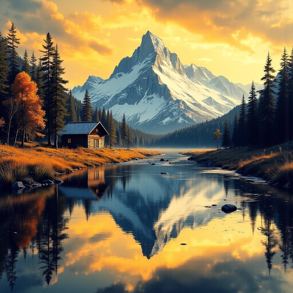 Snowy Mountain Reflected at Sunset