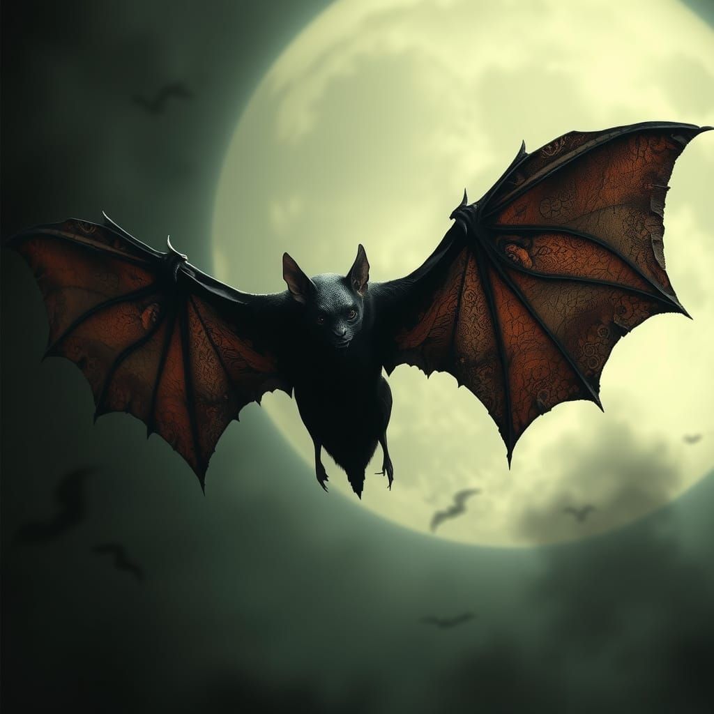 Dark Gothic Bat in Haunting Moonlit Landscape