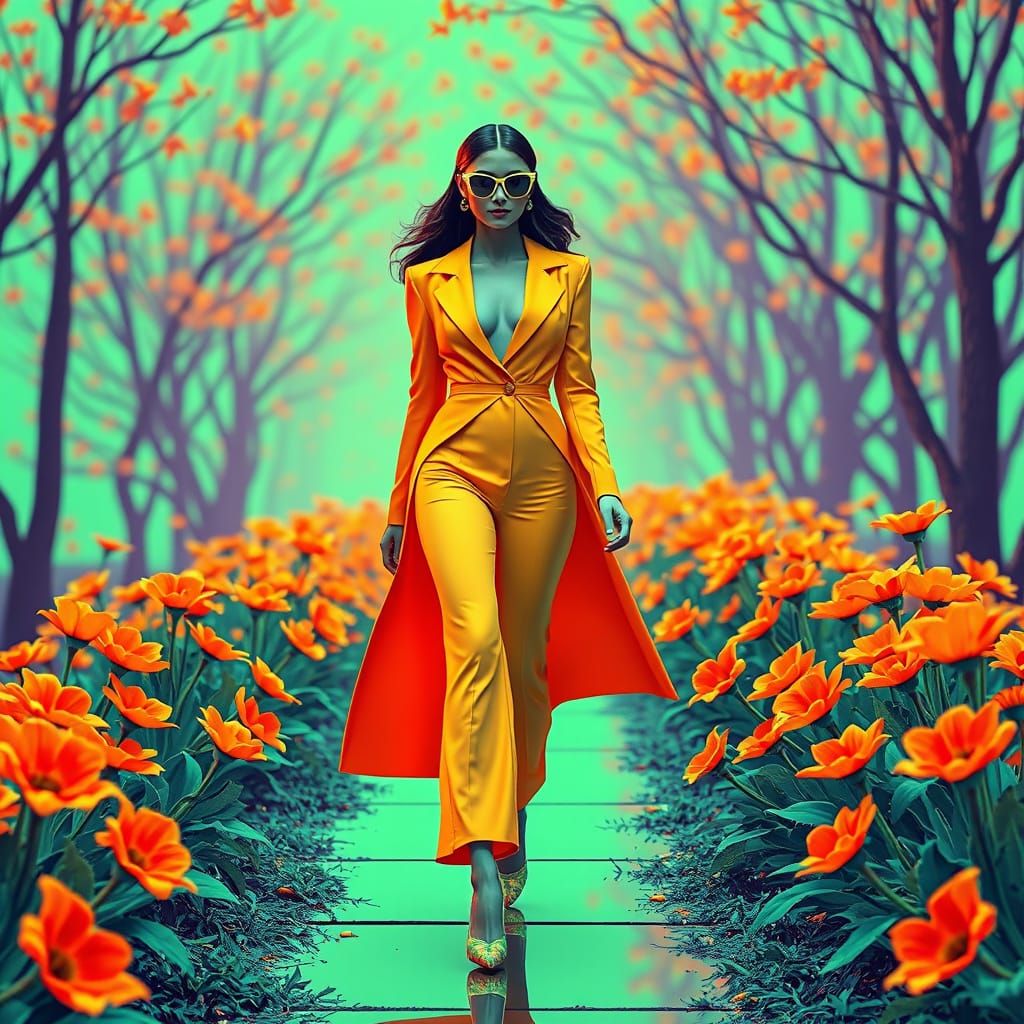 Neon Fashionista on Blooming Path in Pop Art Style