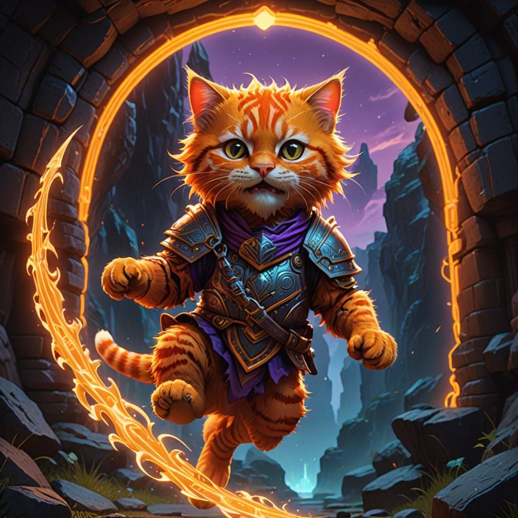 Vibrant Orange Jester Rides a Saber-Toothed Tiger in a Dark...