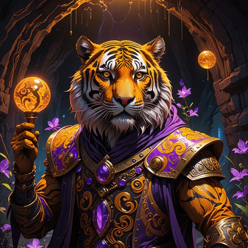 Vibrant Orange Jester Tiger in Medieval Cave
