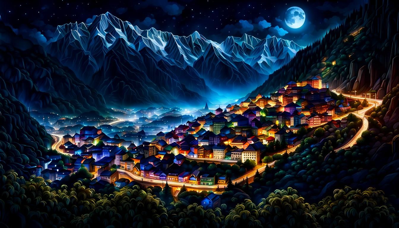 Hyperrealistic Mountain City at Night in HDR