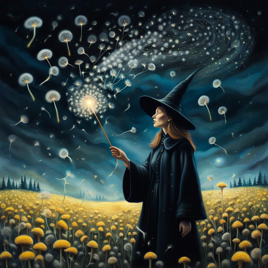 Dreamlike Witch in Surreal Dandelion Landscape