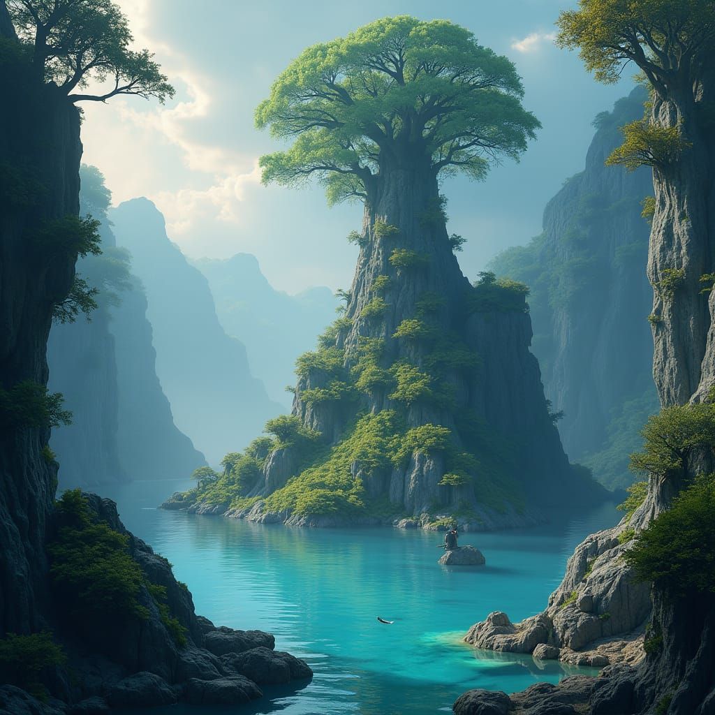 Mysterious Island with Towering Cliffs, Fantasy Art