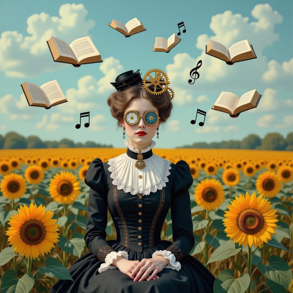 Surrealist Collage: Clockwork Woman in Sunflower Field