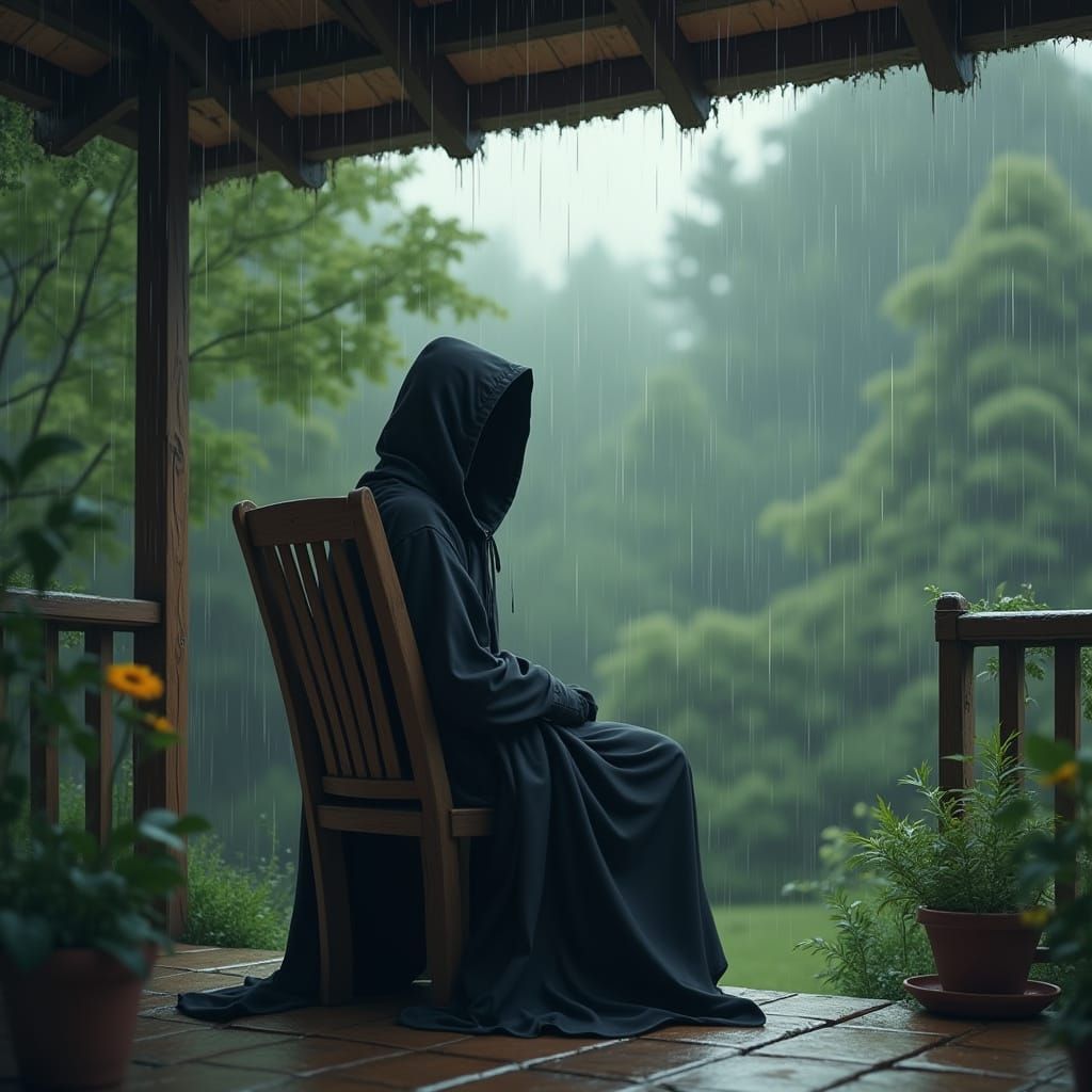 Grim Reaper Finds Solace in Rainy Afternoon Serenity