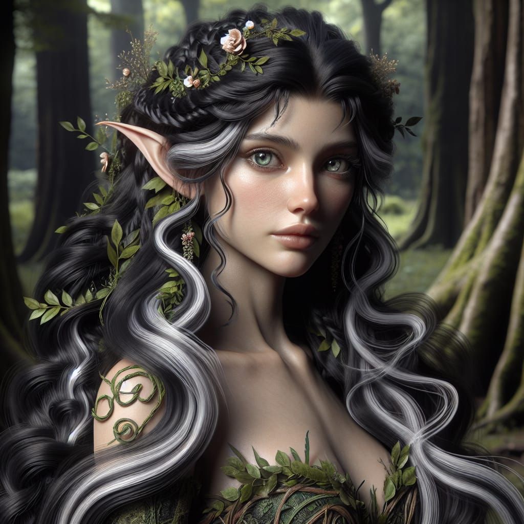 A hyper-realistic portrait of an elegant female elf