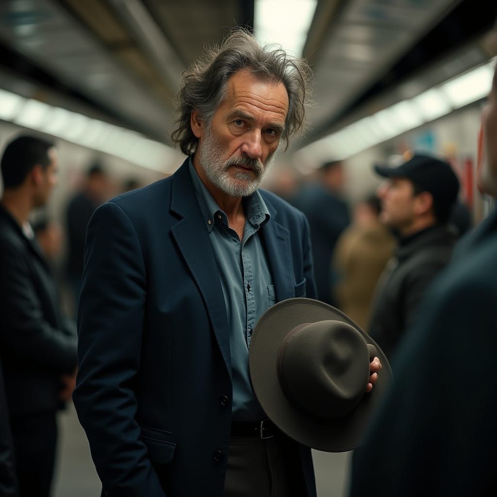 Man Begging on Subway Platform in Photorealistic Style