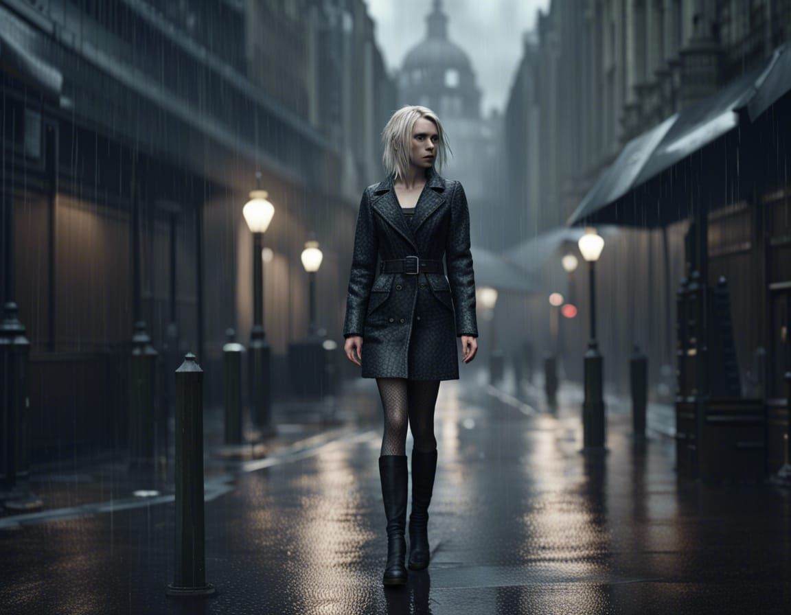 Goth Girl in Dystopian London Rain, Photorealistic 8K