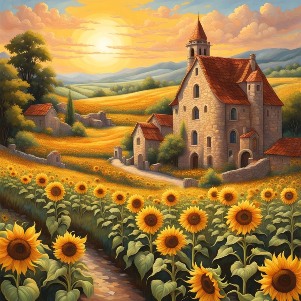 Medieval Town Amidst Sunflowers, Impressionistic Style