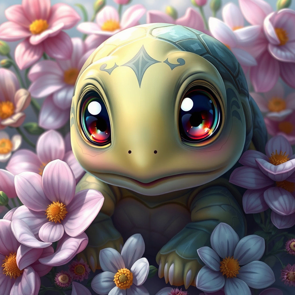Adorable Anime Turtle with Flowers: Digital Rococo Art