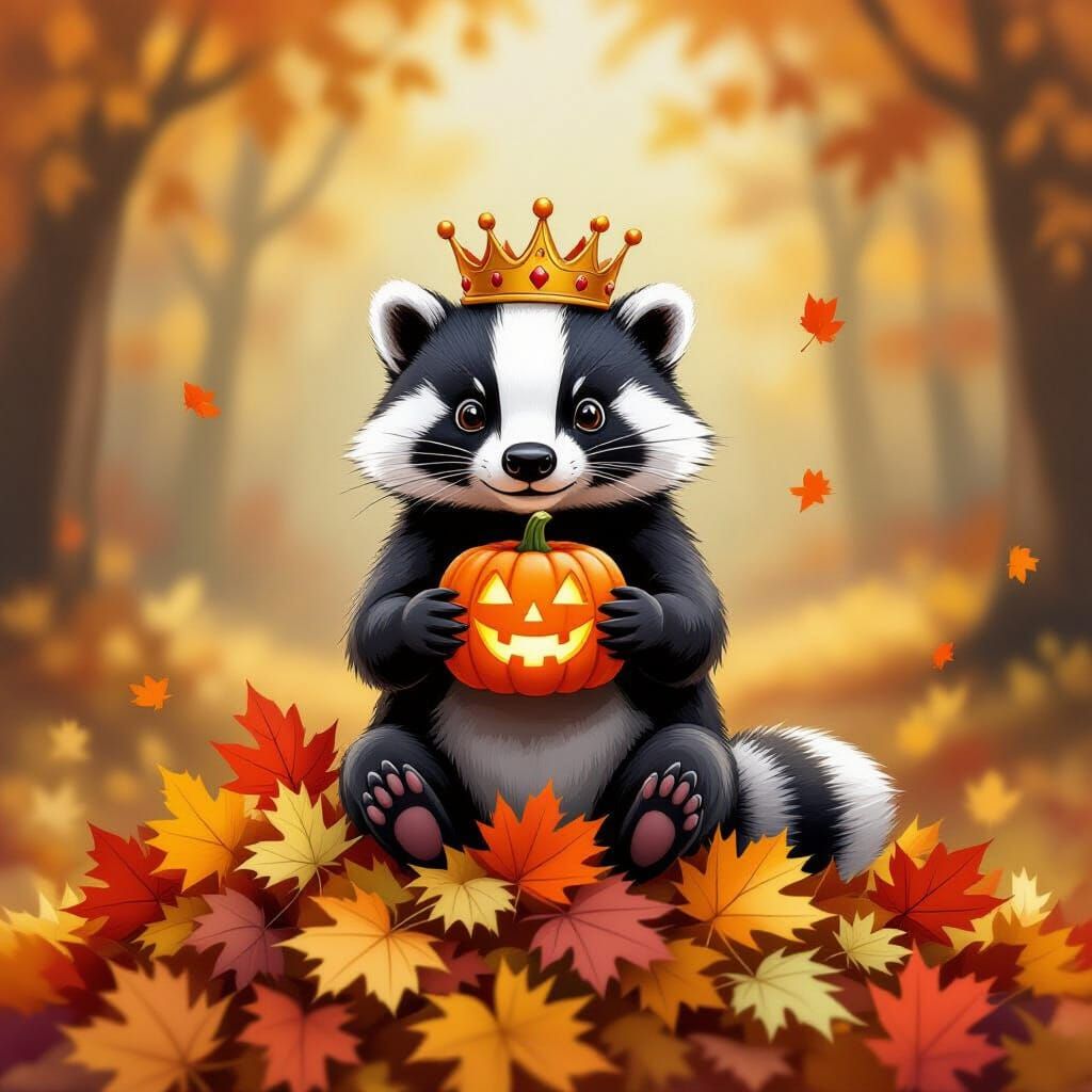 Whimsical Badger King With Glowing Pumpkin on Autumn Leaves