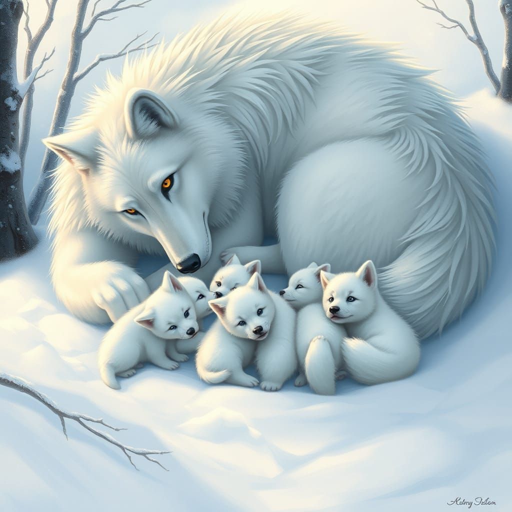 Direwolf Mother and Pups in Whimsical Winter Wonderland