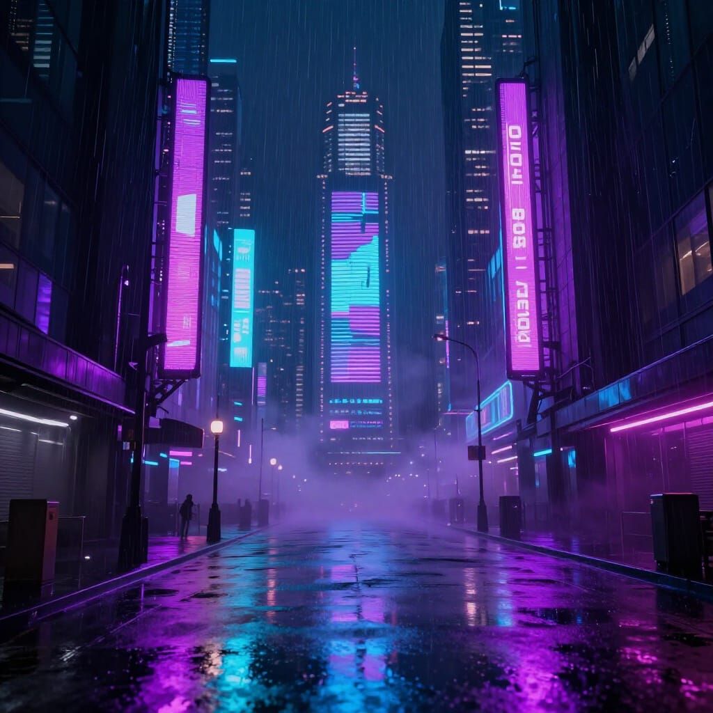 Neon Cyberpunk Cityscape in Heavy Night Rain