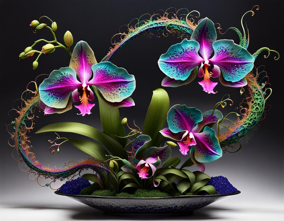 Orchid Dragons Kissing in a Photorealistic Ikebana