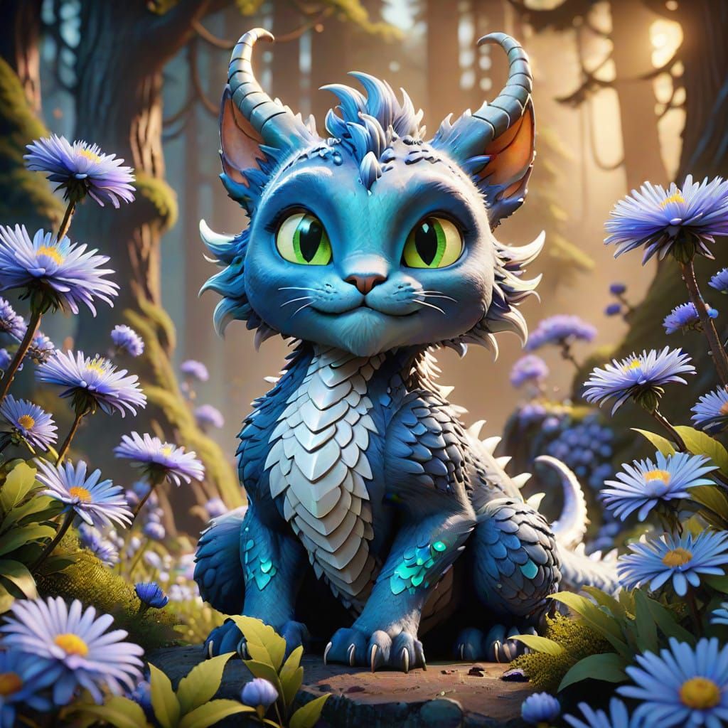 Mystical Dragon-Cat in Winter Forest with Aster Flowers