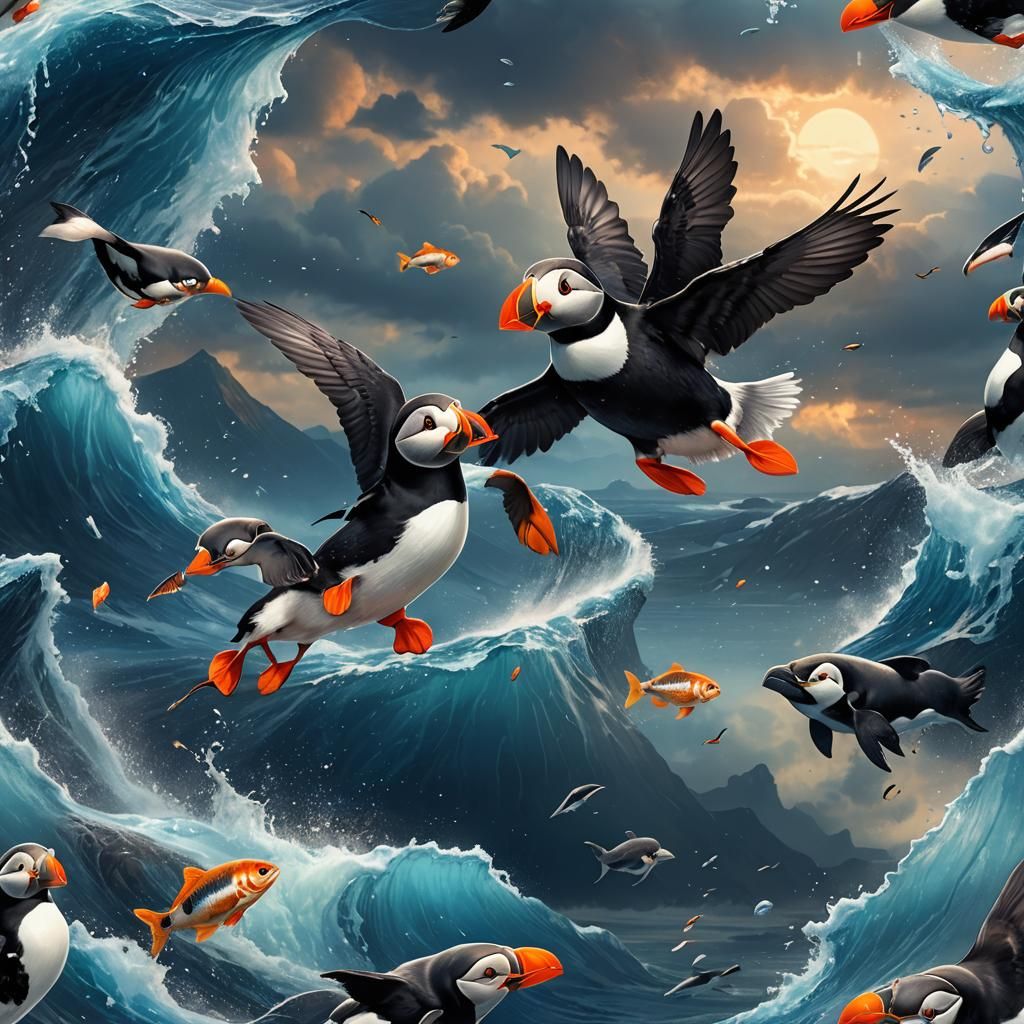 Puffin and Orca in Flight: Fantasy Art