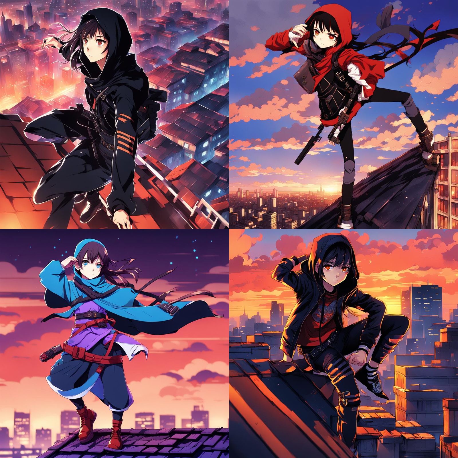 Anime Assassin Girl on Rooftop in Cel-Shaded Style