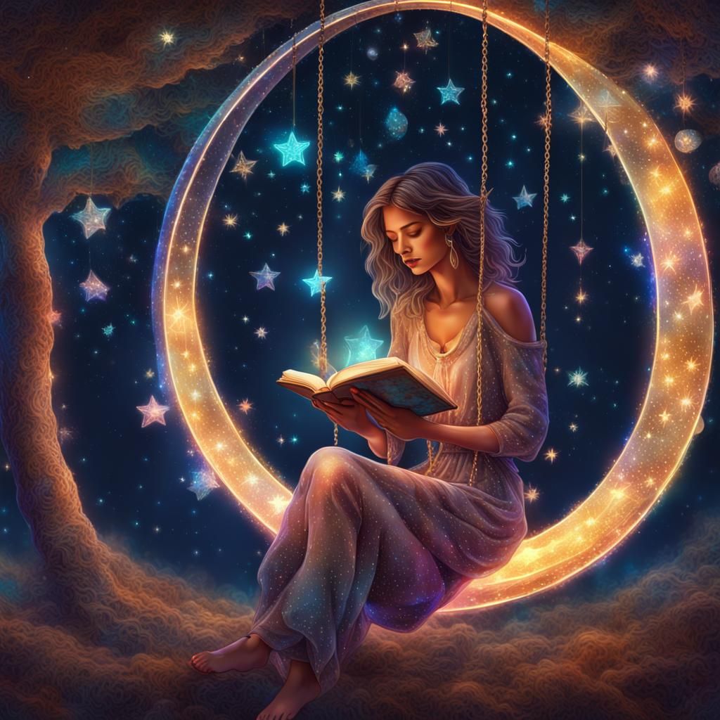 Woman Reading on Moon Swing, Astral Illustration