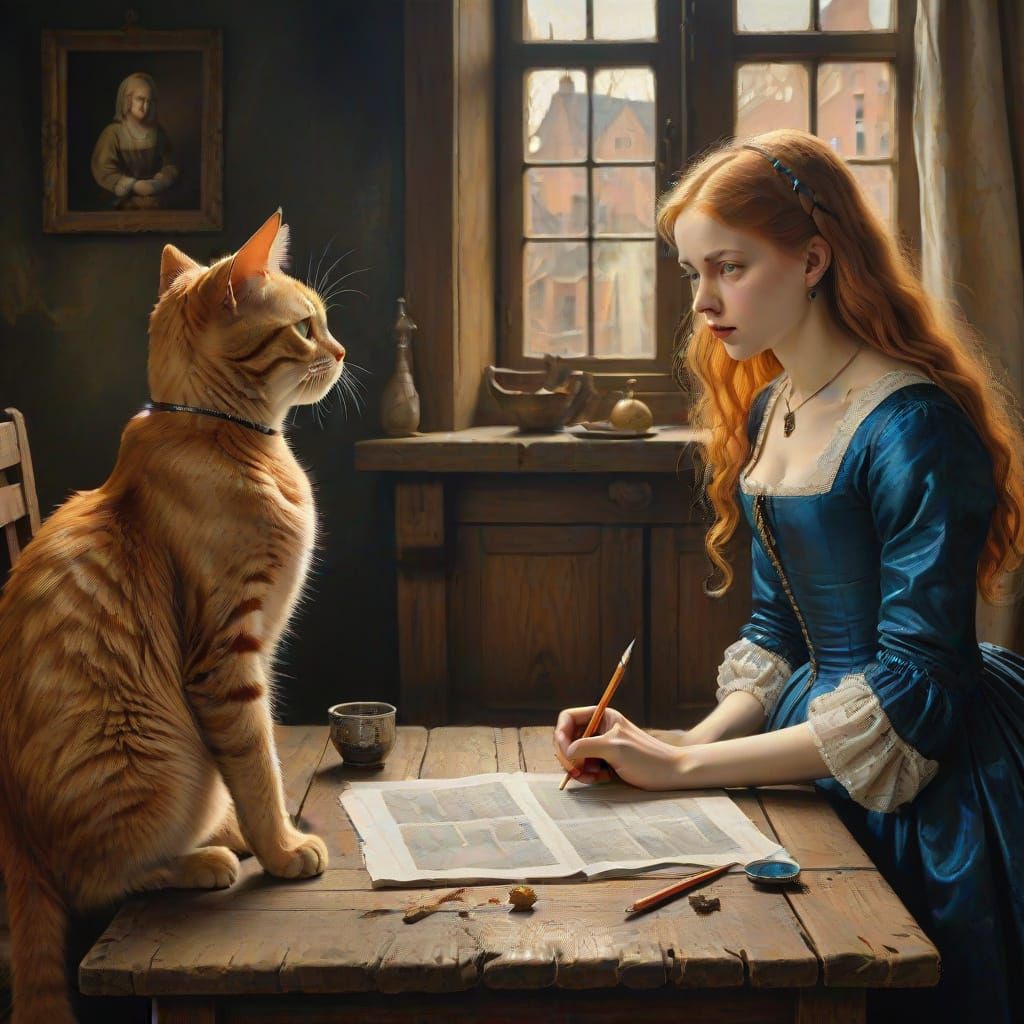 Girl and Cat Argue Over Pencil in Oil Painting