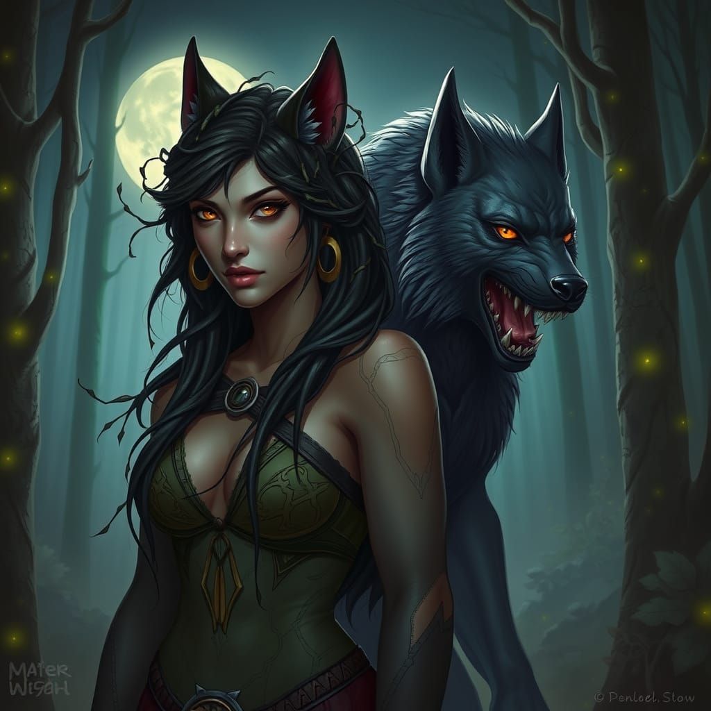 Mystical Wolf-Woman in Bioluminescent Forest