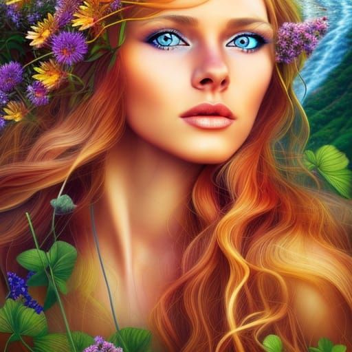 Goddess of Waterfalls and Wildflowers in Digital Art
