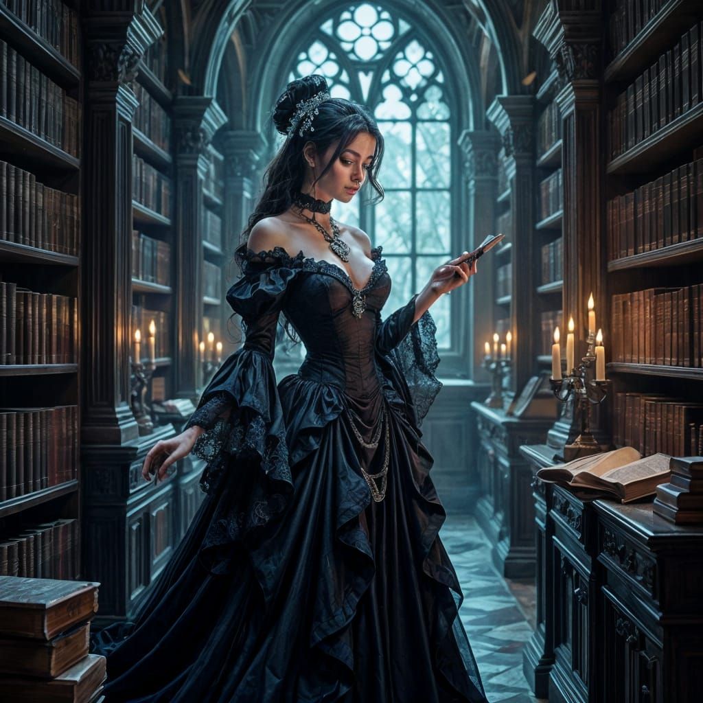 Demon Scholar in Gothic Library, Digital Painting