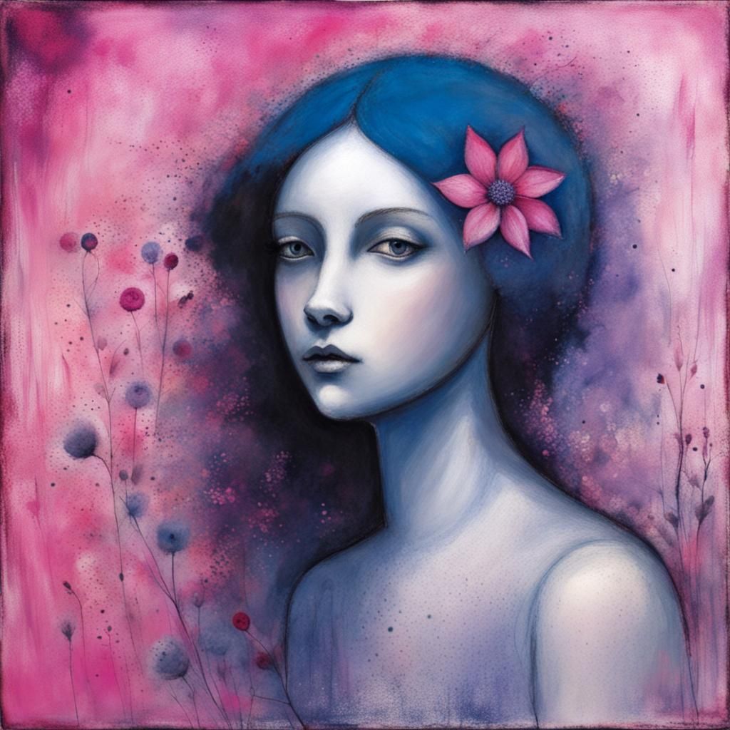 Surreal Blue Flower in Monochromatic Magenta Illustration