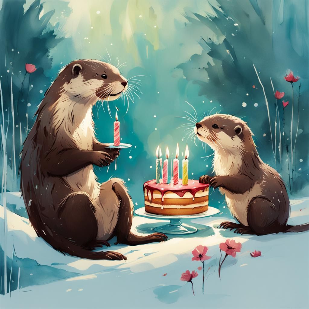 Otters Celebrate Birthday in Sky, Watercolor Splatter Art