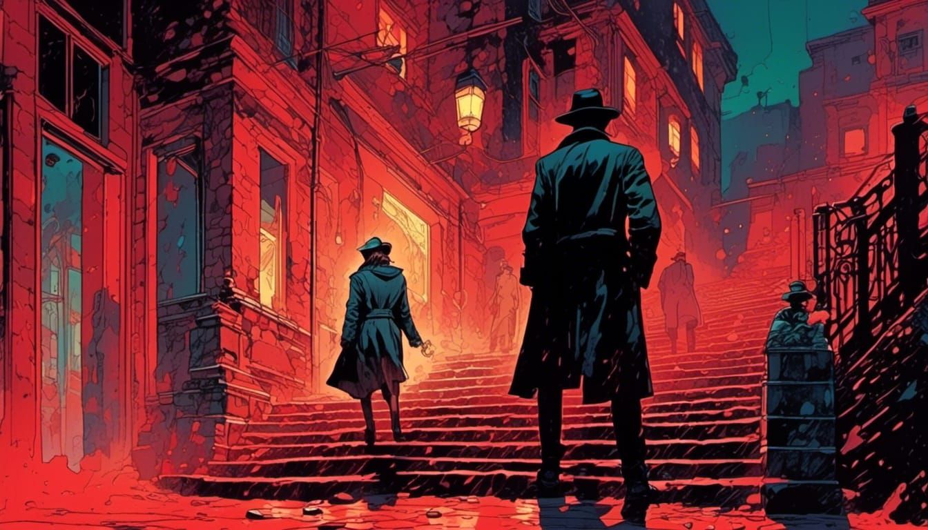 Film Noir Detective Confrontation in Dark Alley