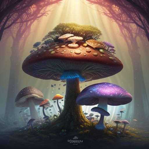 Mushroom Being Beaming Light in Dreamlike Wonderland