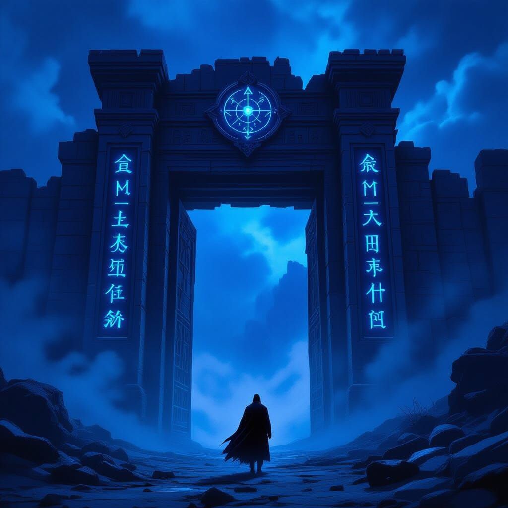 Lone Wolf at Ancient Gate Under Cosmic Sky