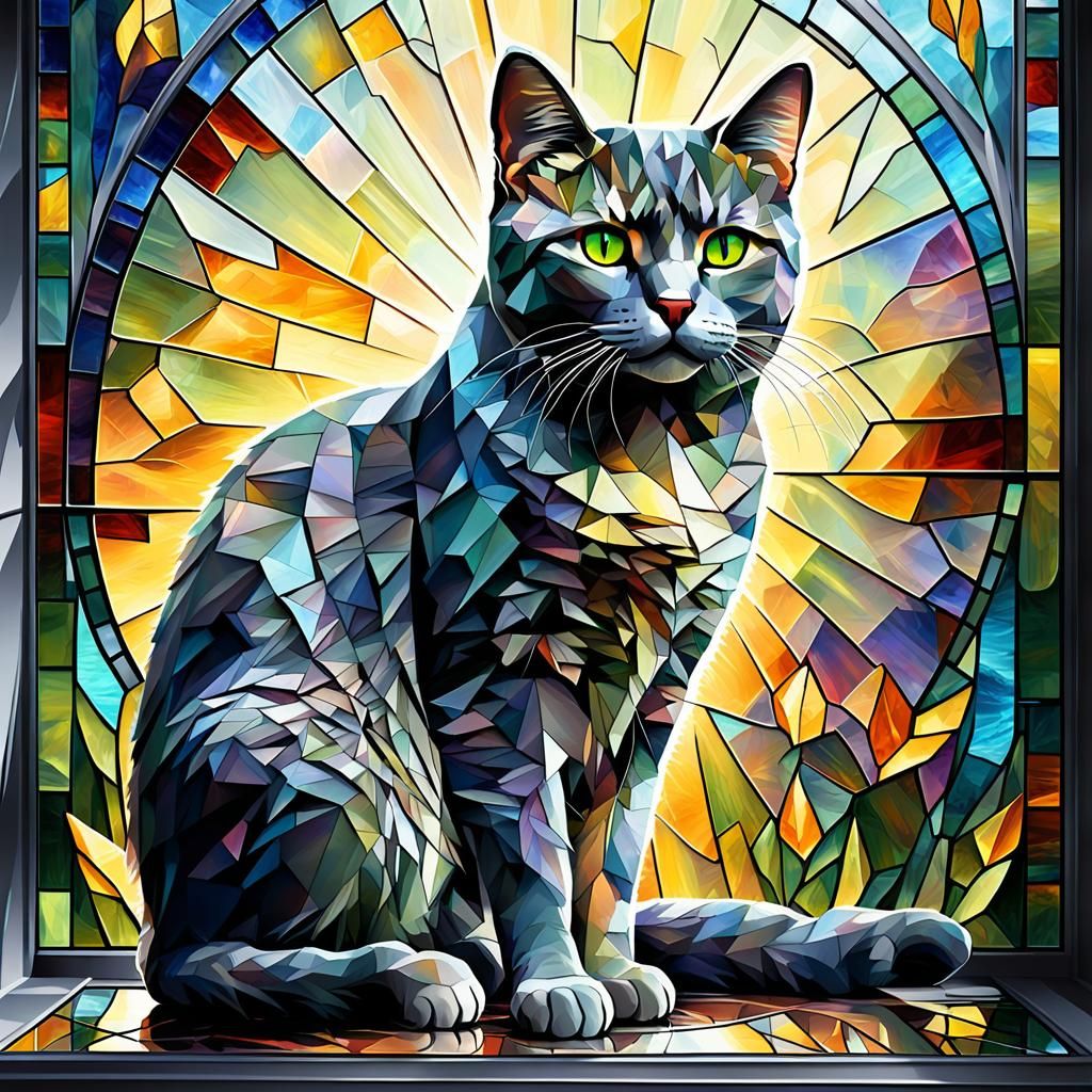 Stained Glass Cat with Broken Glass Effect