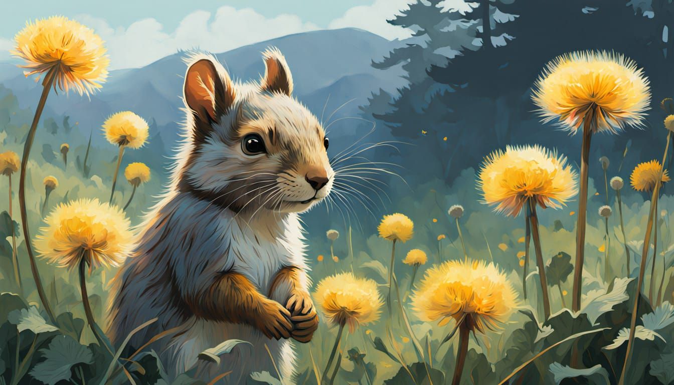 Dreamy Watercolor Squirrel Amidst Whimsical Dandelions