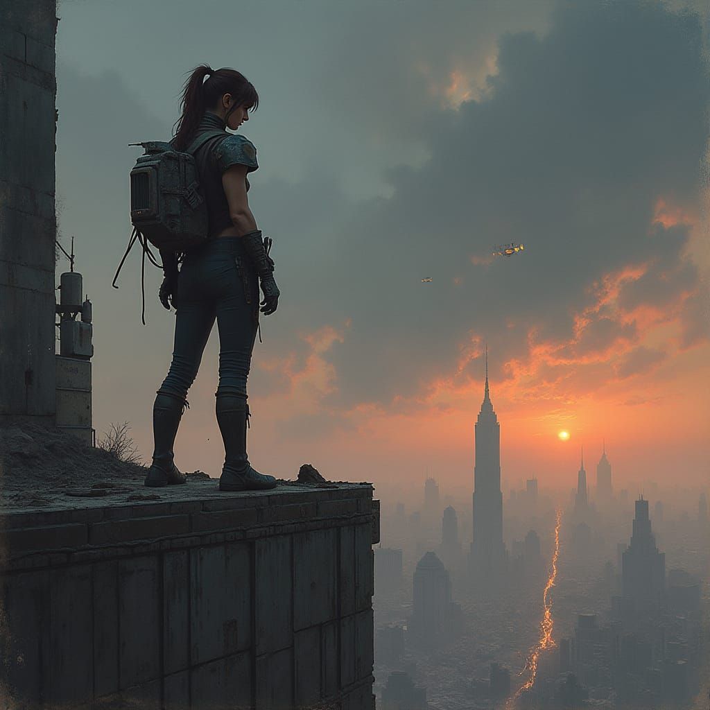Warrior Woman on Skyscraper in Post-Apocalyptic Wasteland