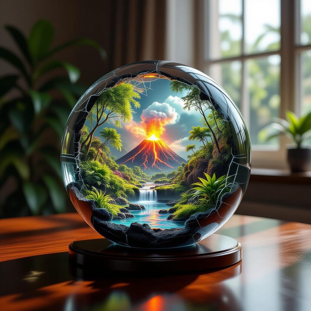 Glass Sphere World With Tiny Volcano Eruption