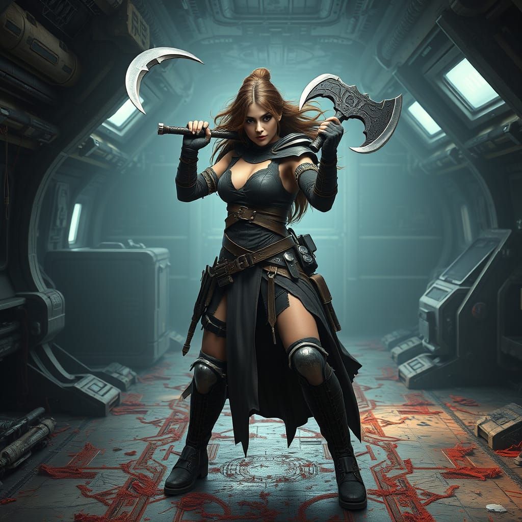 Female Marauder in Battle Pose on Spaceship