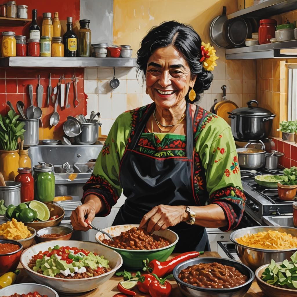 Happy Mexican Lady Cooking: Oil Painting in Bold Colors