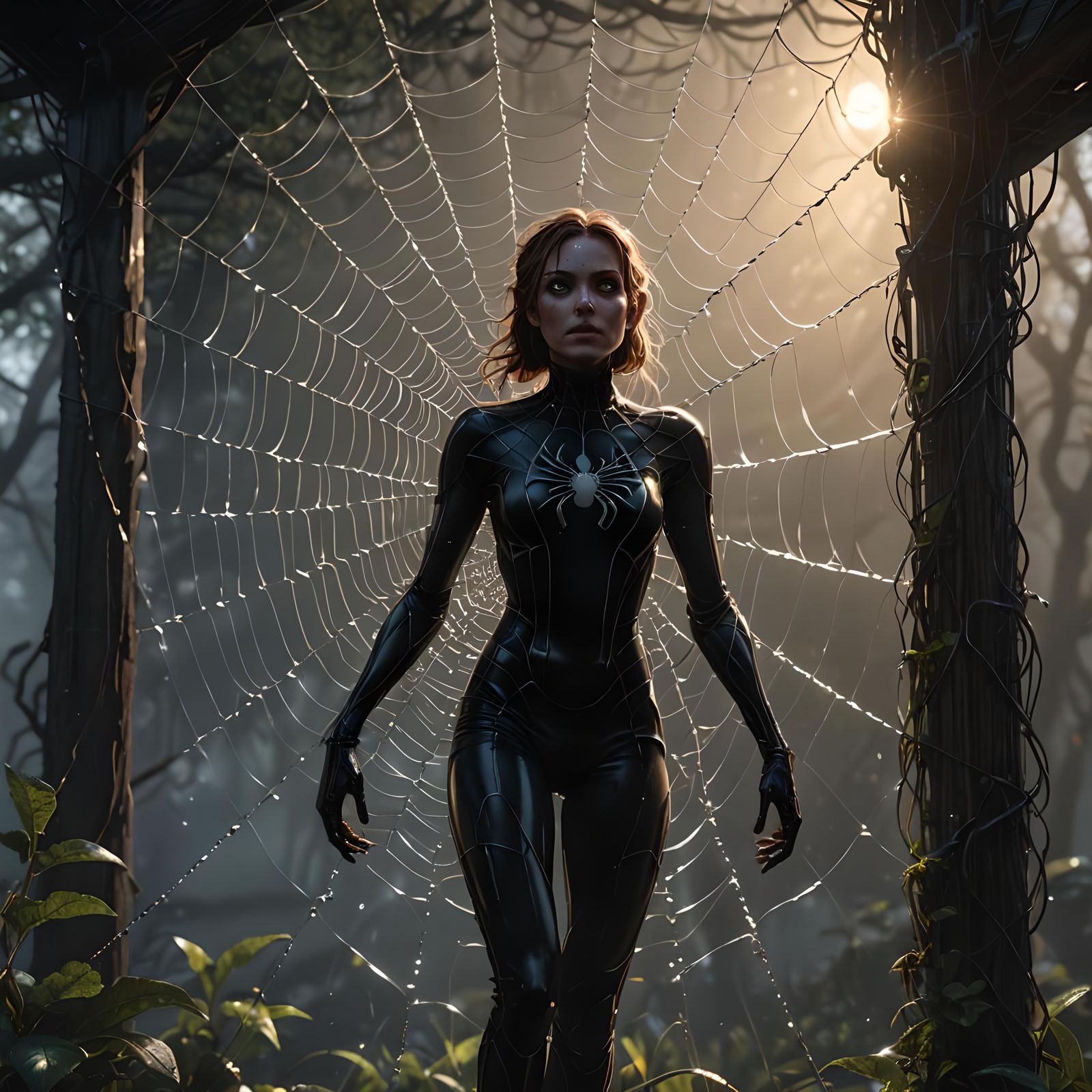 Horrifying Spider-Woman in Dew-Kissed Web