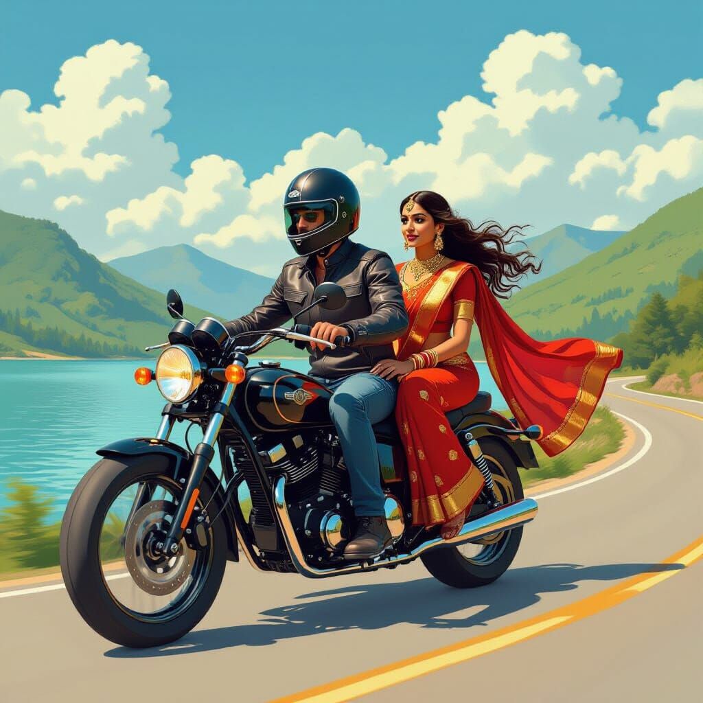 Motorcycle Ride with Princess in Futuristic Style