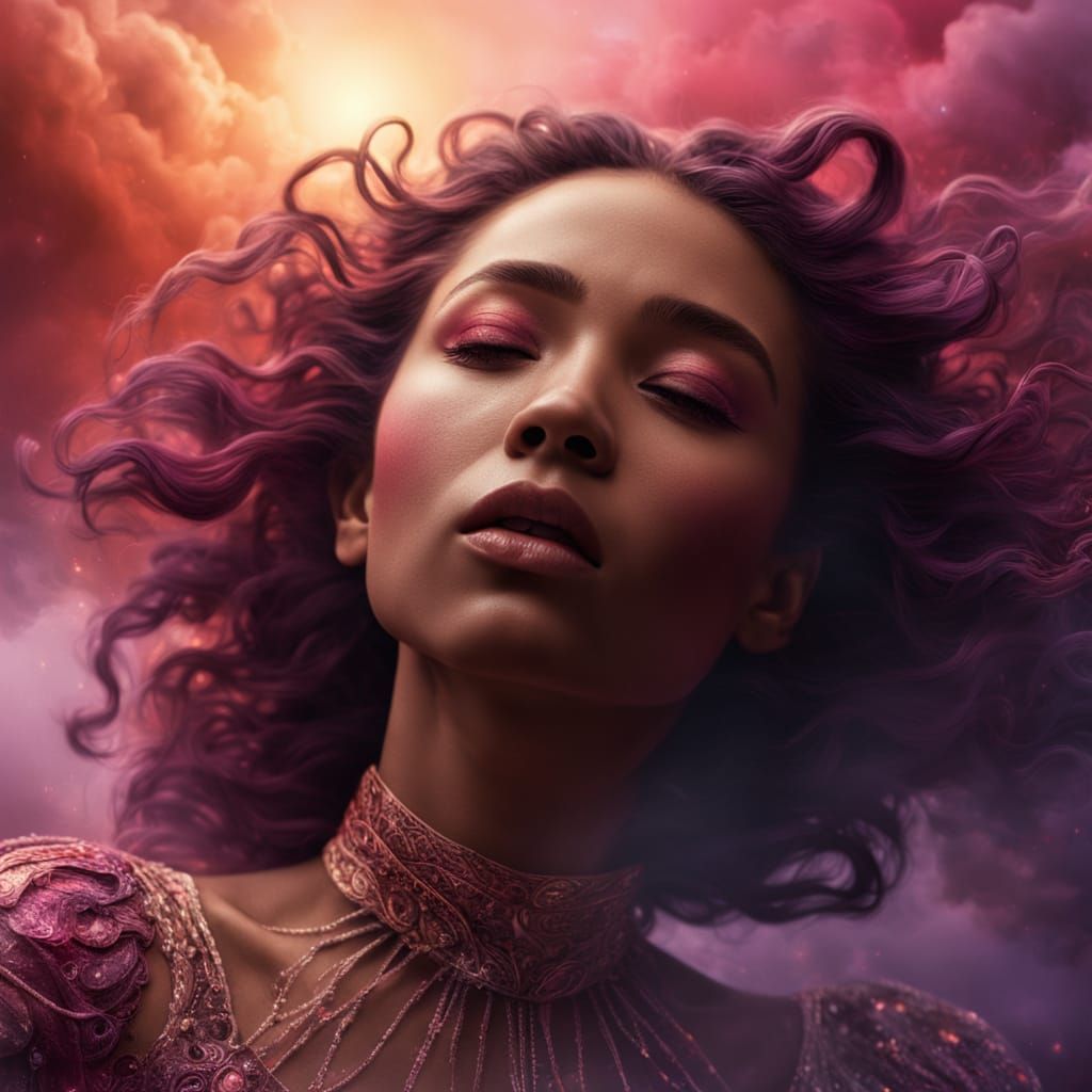 Ethereal Woman in Vibrant Red Dreamscape