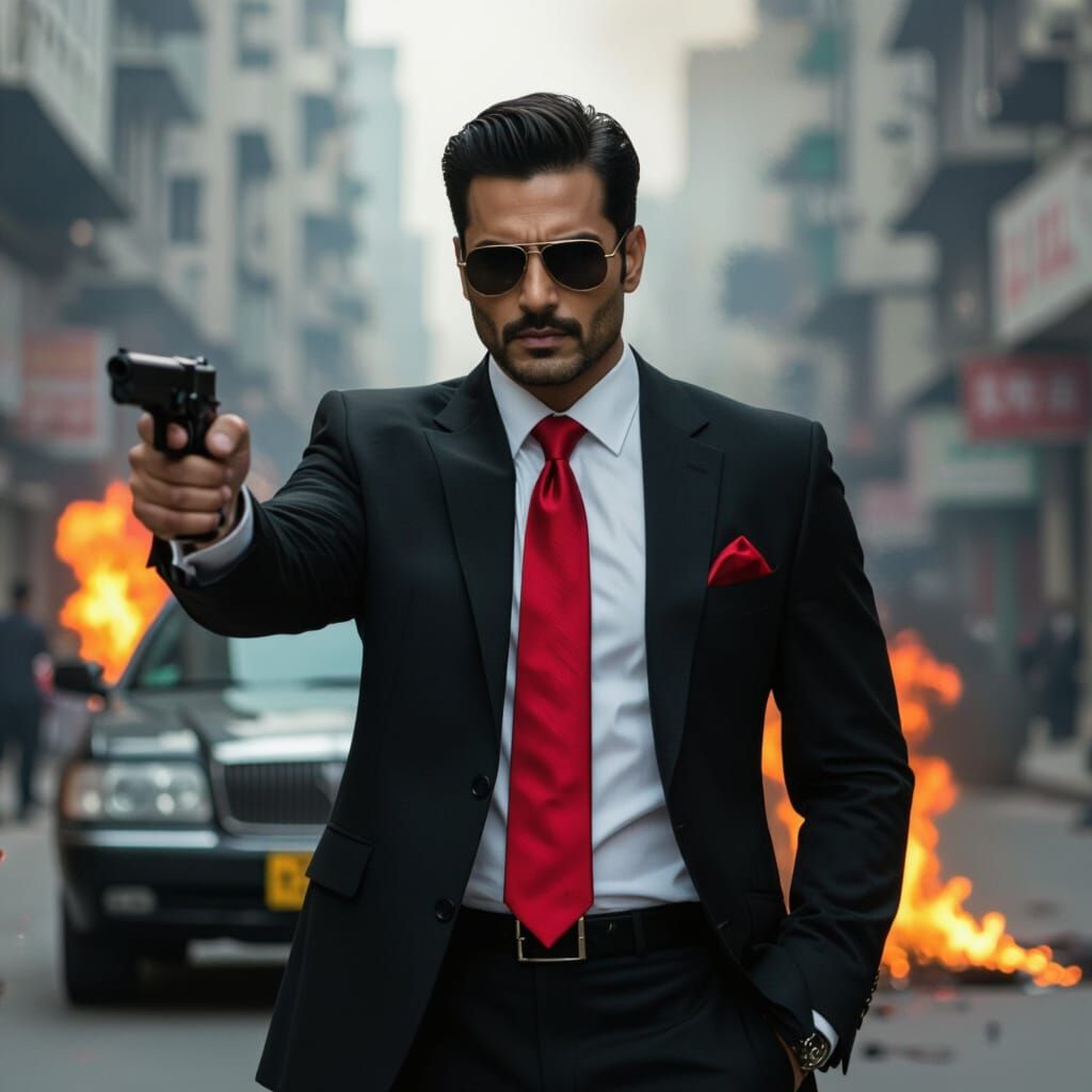 Indian Man in Burning City, Film Noir Style