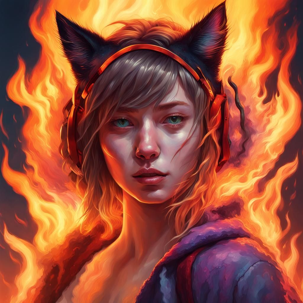 Hyperrealistic Girl with Flaming Cat Ears