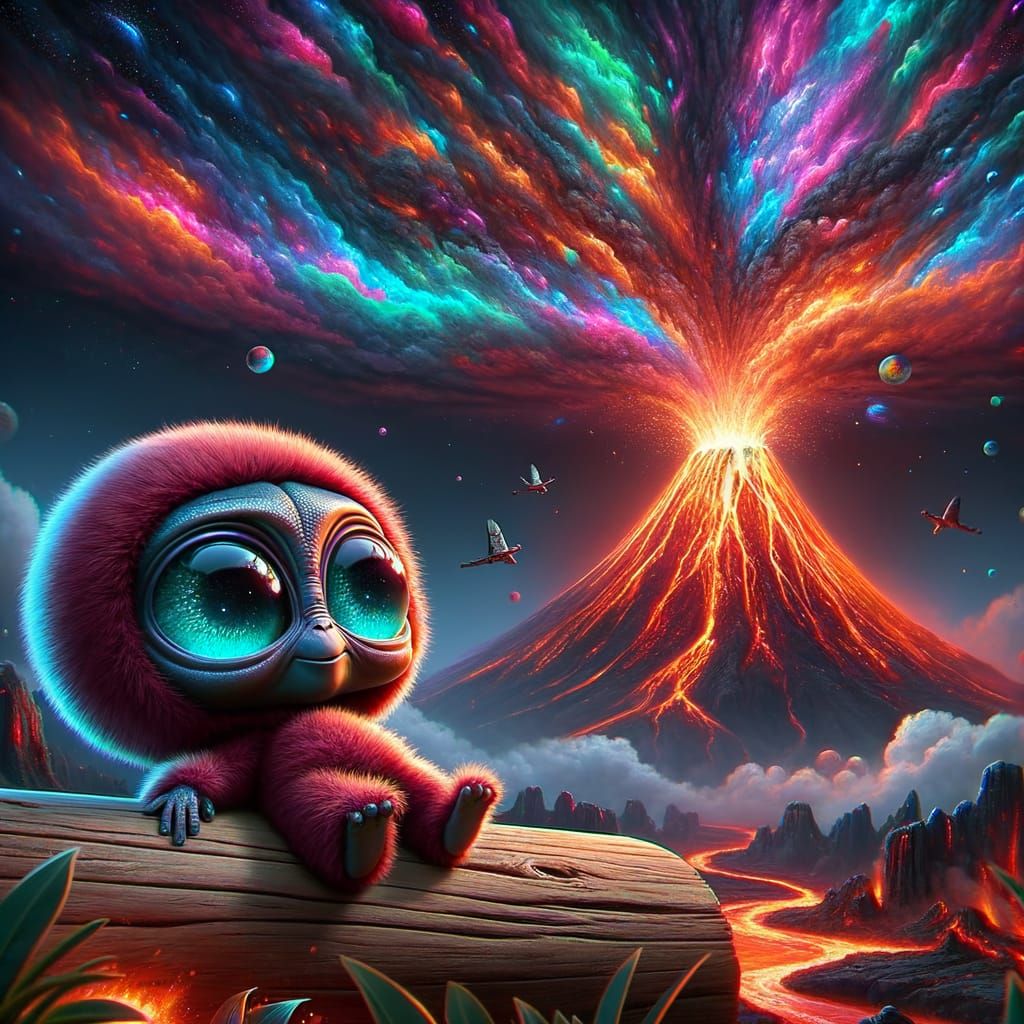 Alien Witnessing Volcanic Eruption in Sci-Fi Style