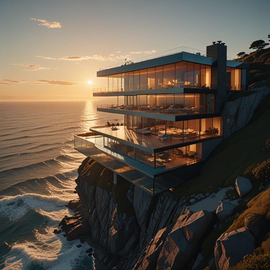 Modern Glass Villa at Sunset: Hyper-Realistic Digital Art