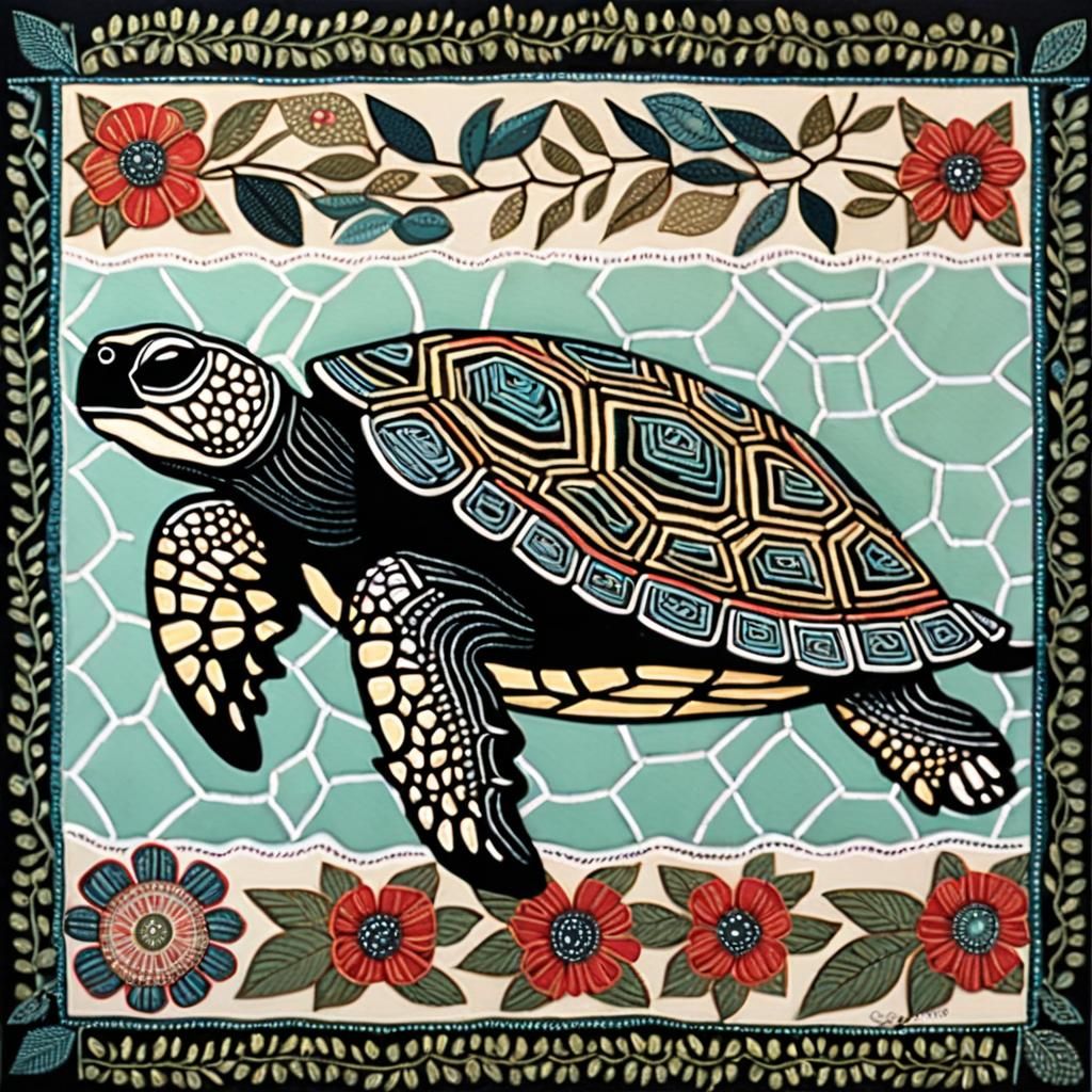 Cute Turtle in Textile Folk Art Style