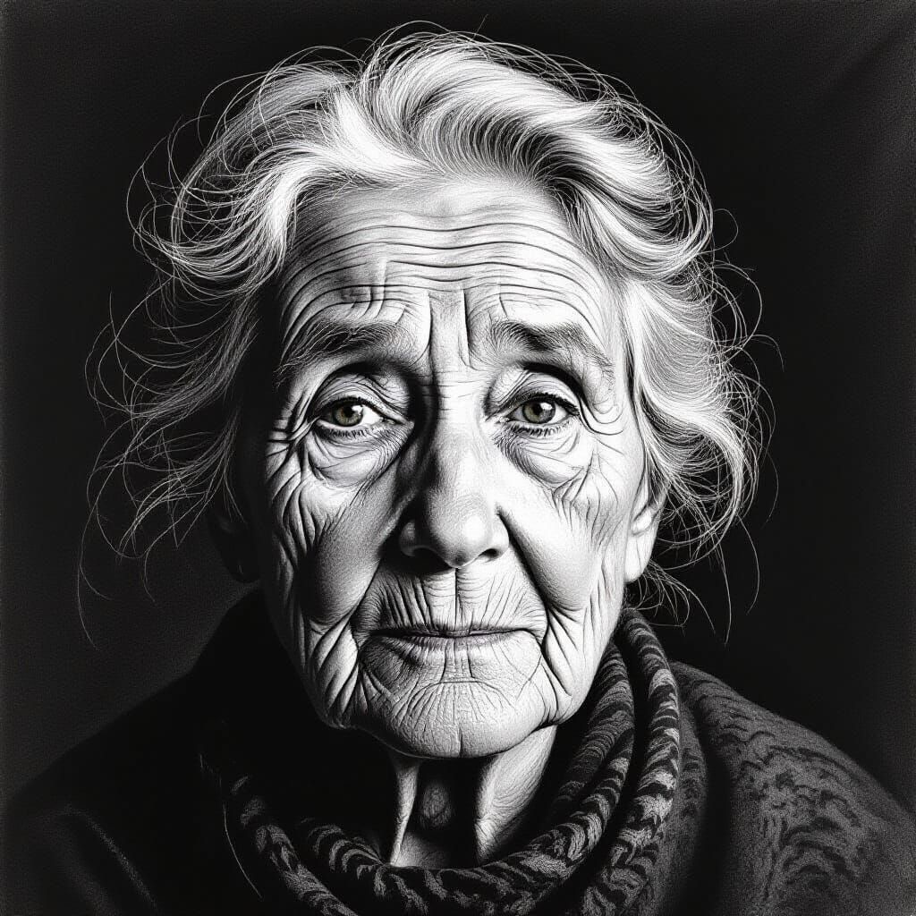 Charcoal Portrait of an Aged Mother with Wisdom